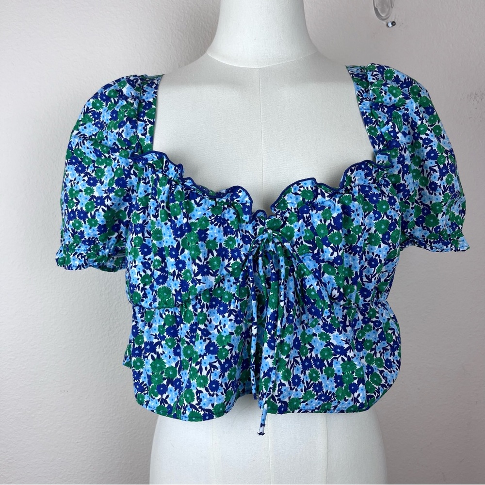 Zara Shirt Womens Medium Cropped Ditsy Floral Milkmaid Cottage Sweetheart Blue